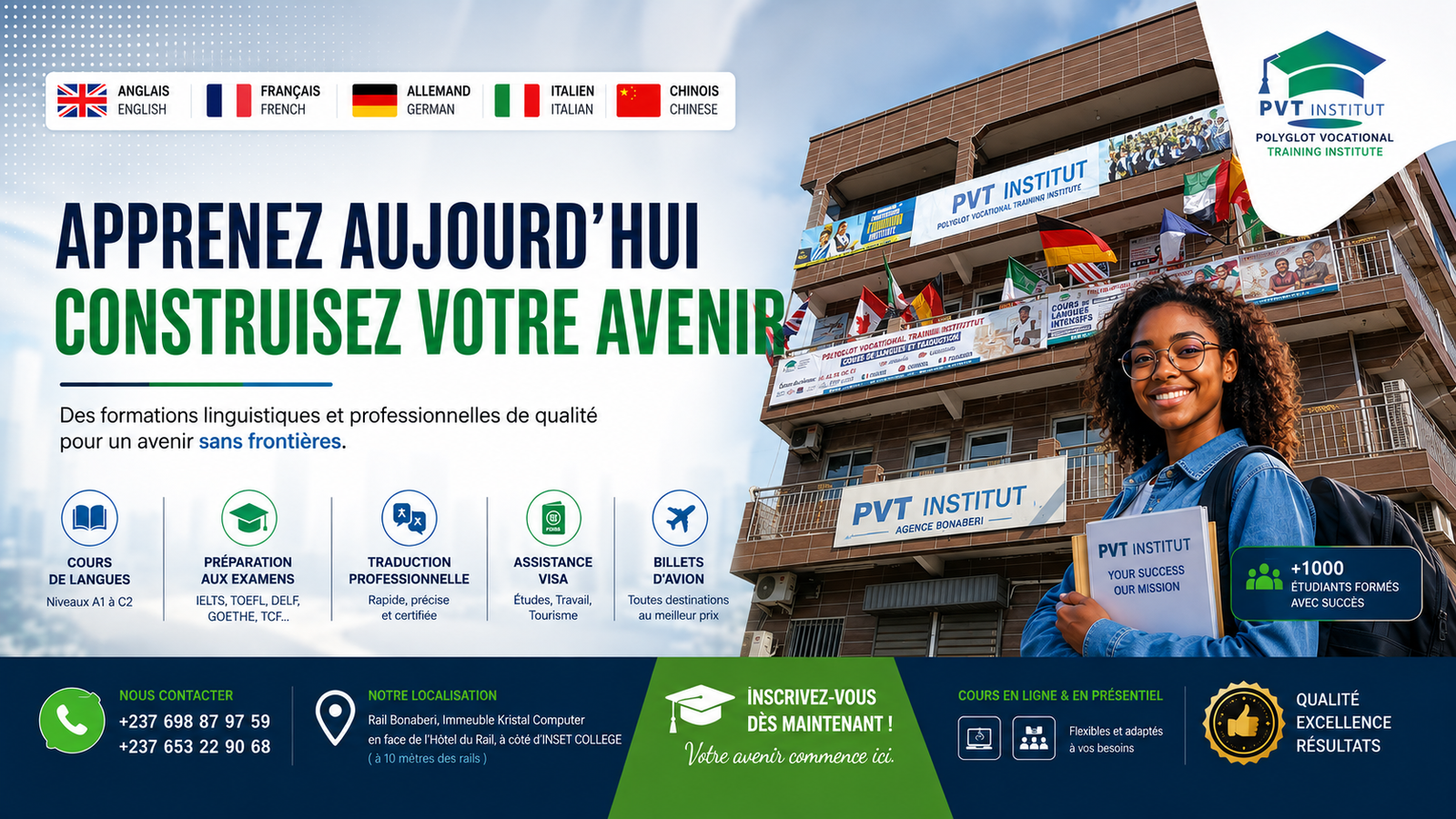 PVT Institut, Rails-Bonaberi Douala : apprenez aujourd'hui, construisez votre avenir. Cours d'anglais, français, allemand, italien et chinois, préparation aux examens, traduction et assistance visa.